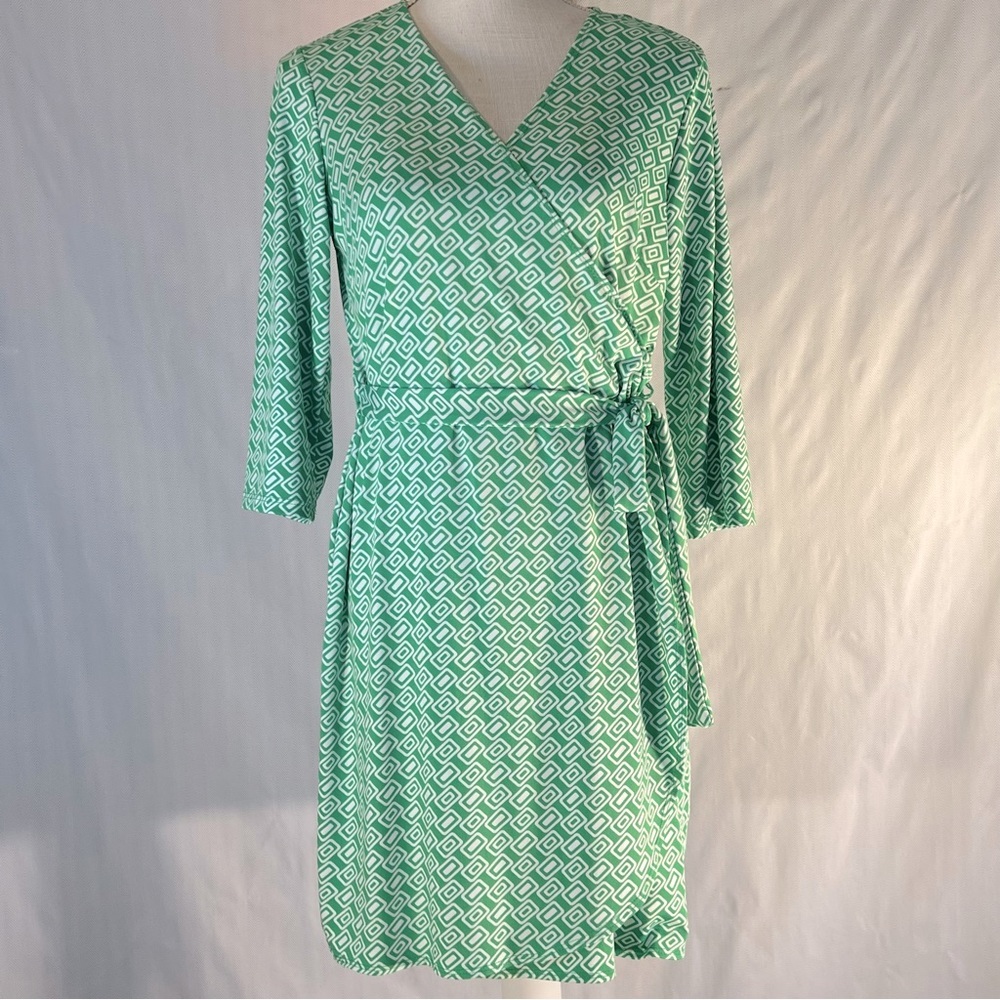 SoHo Apparel Dress Green & White Geometric Jersey Faux Wrap 3/4 Length Sleeve M👍